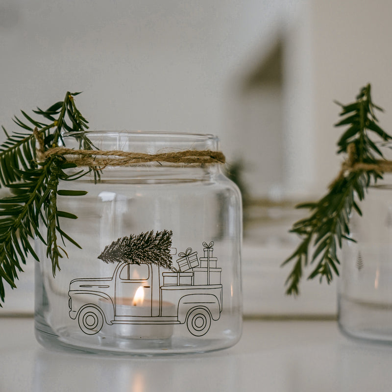 Vase/Windtlicht mit Weihnachtsauto